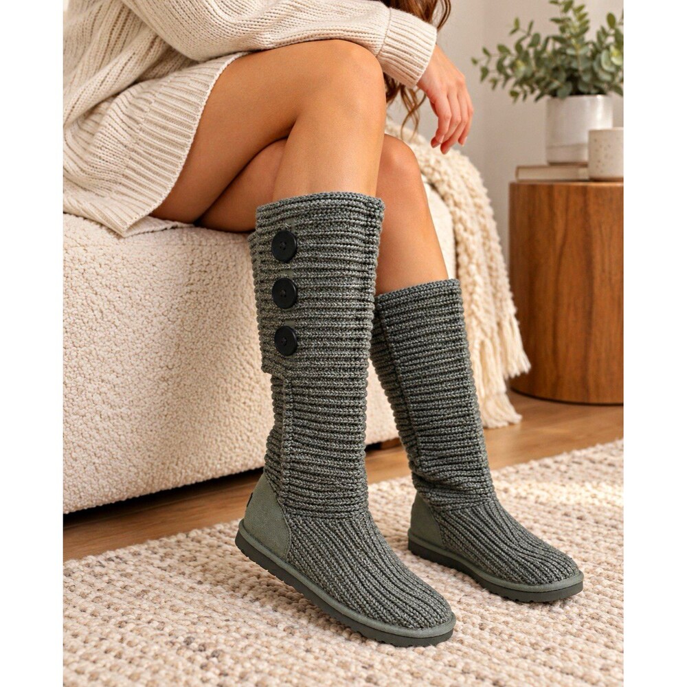 UGG Classic Cardy Button Knit Knee High Boots Gray Rubber Sole Women US 8